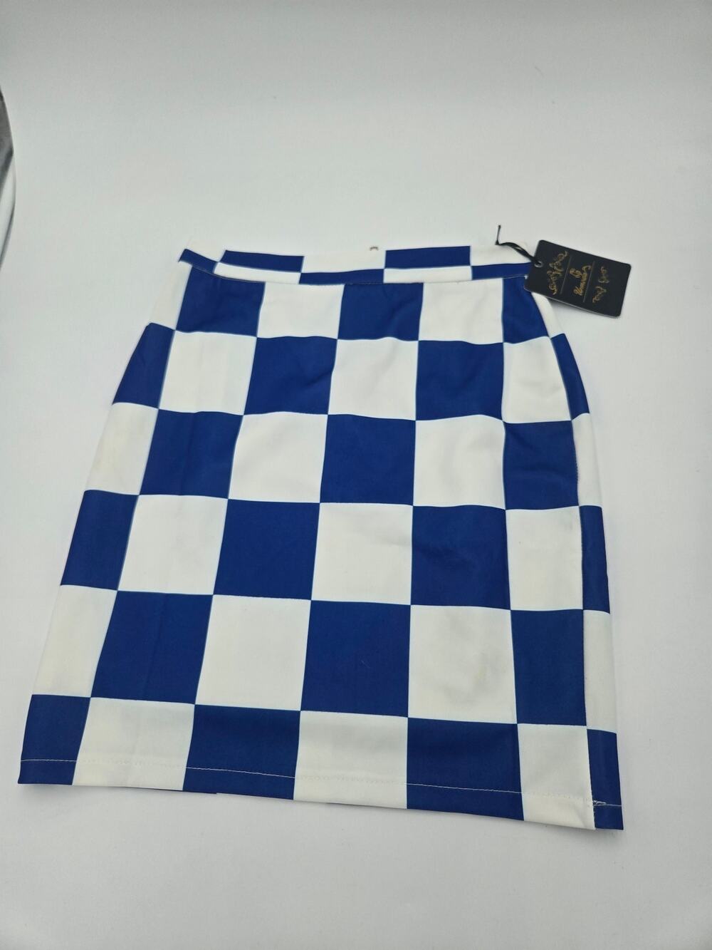 URMODA Blue White Checkered Moto Mini Skirt NWT Women's Small